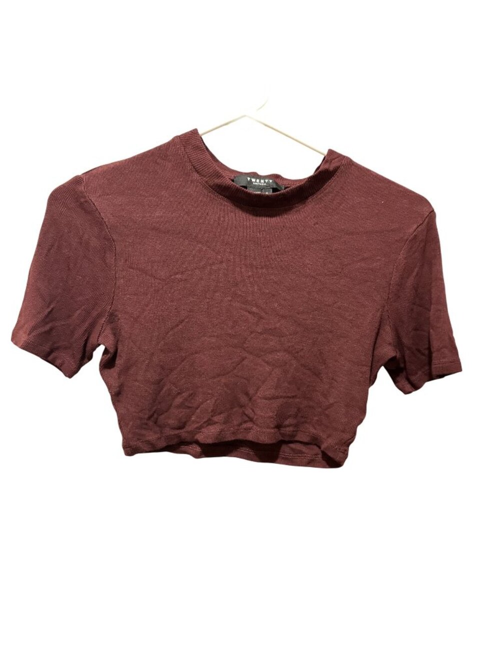 Twenty Montreal Cropped Ribbed Top Burgundy Short Sleeve Stretch Tee S